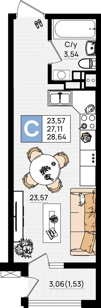 Студия 28.64 м2