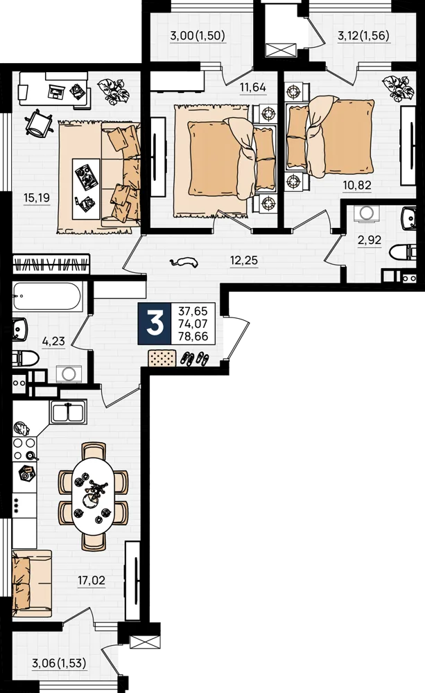 3-комнатная