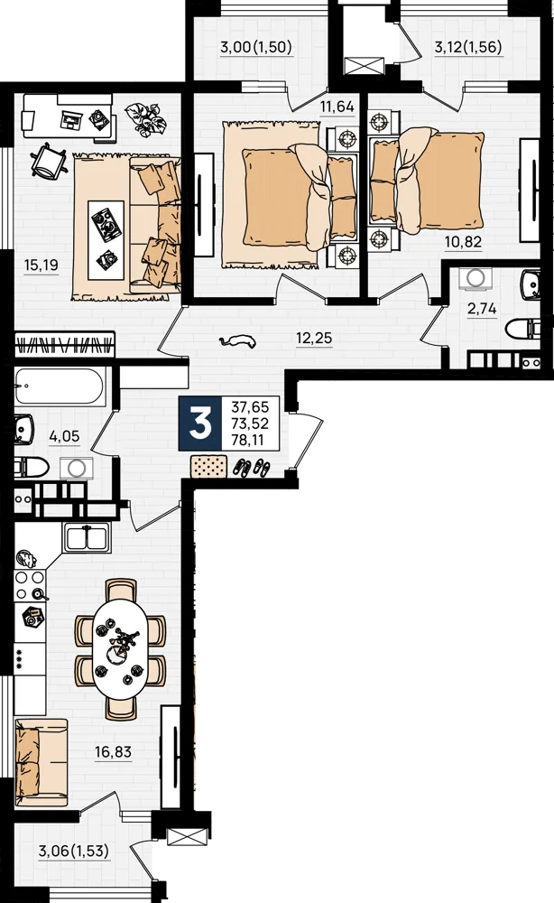 3-комнатная