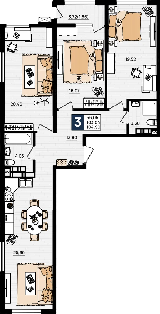 3-комнатная
